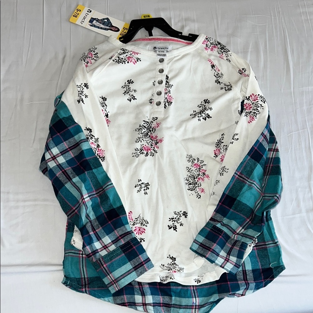 Universal Thread Floral Henley with Plaid Sleeves